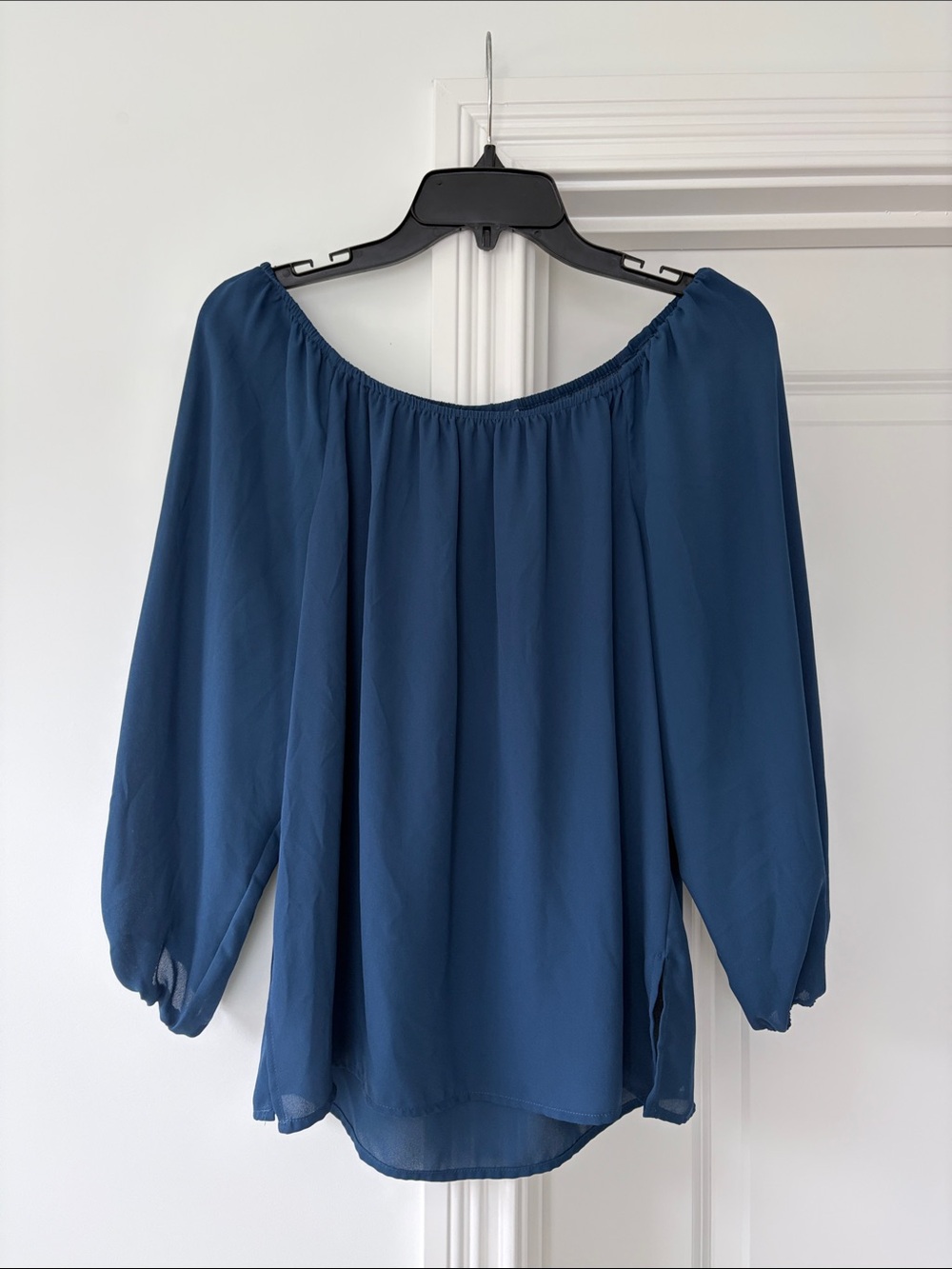 New York & Company Teal Blue Off-Shoulder Peasant Top